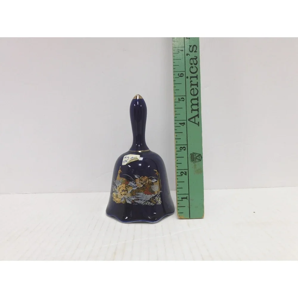 VTG Japanese Porcelain Bell Cobalt Blue Peacock Gold Trim JC415